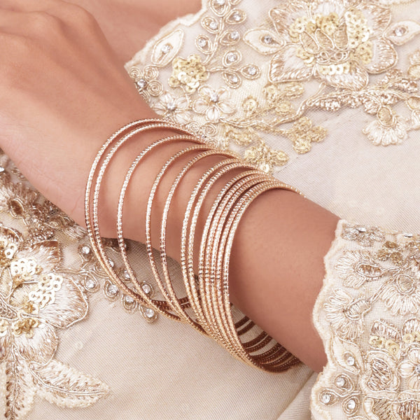 High-Shine Golden Textured Set of 12 Slip-On Bangles (2.8)