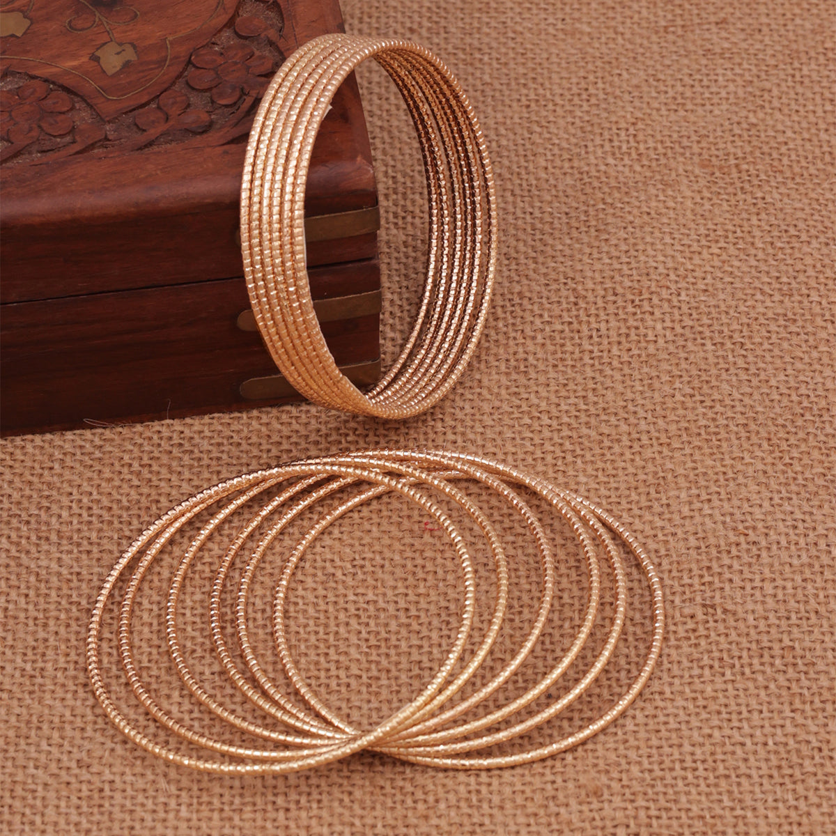 High-Shine Golden Textured Set of 12 Slip-On Bangles (2.8)