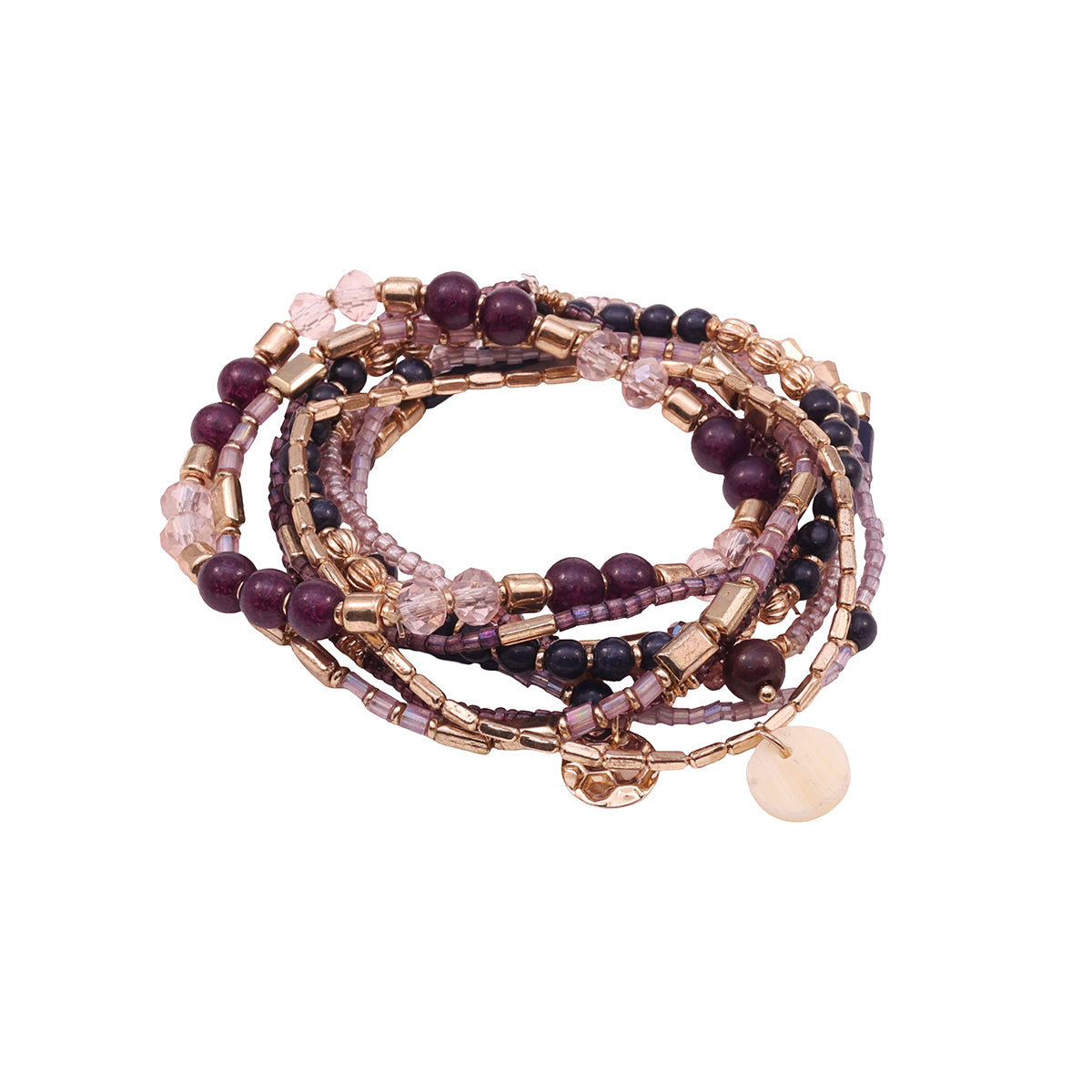 Set of Layered Bracelets with Purple, Pink, and Golden Beads