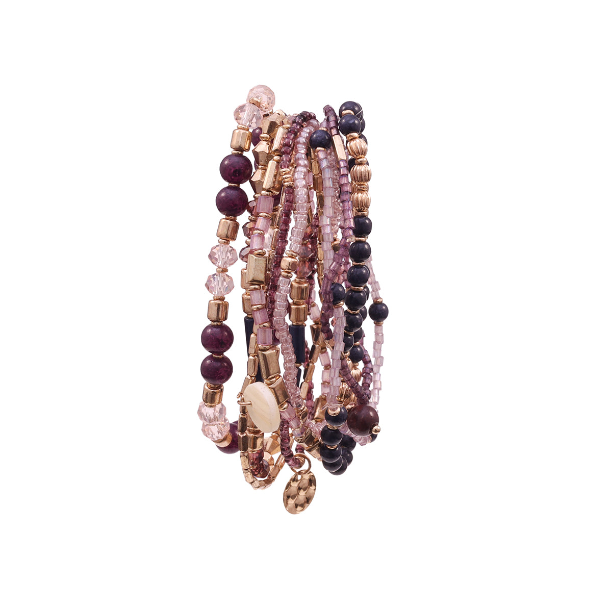 Set of Layered Bracelets with Purple, Pink, and Golden Beads