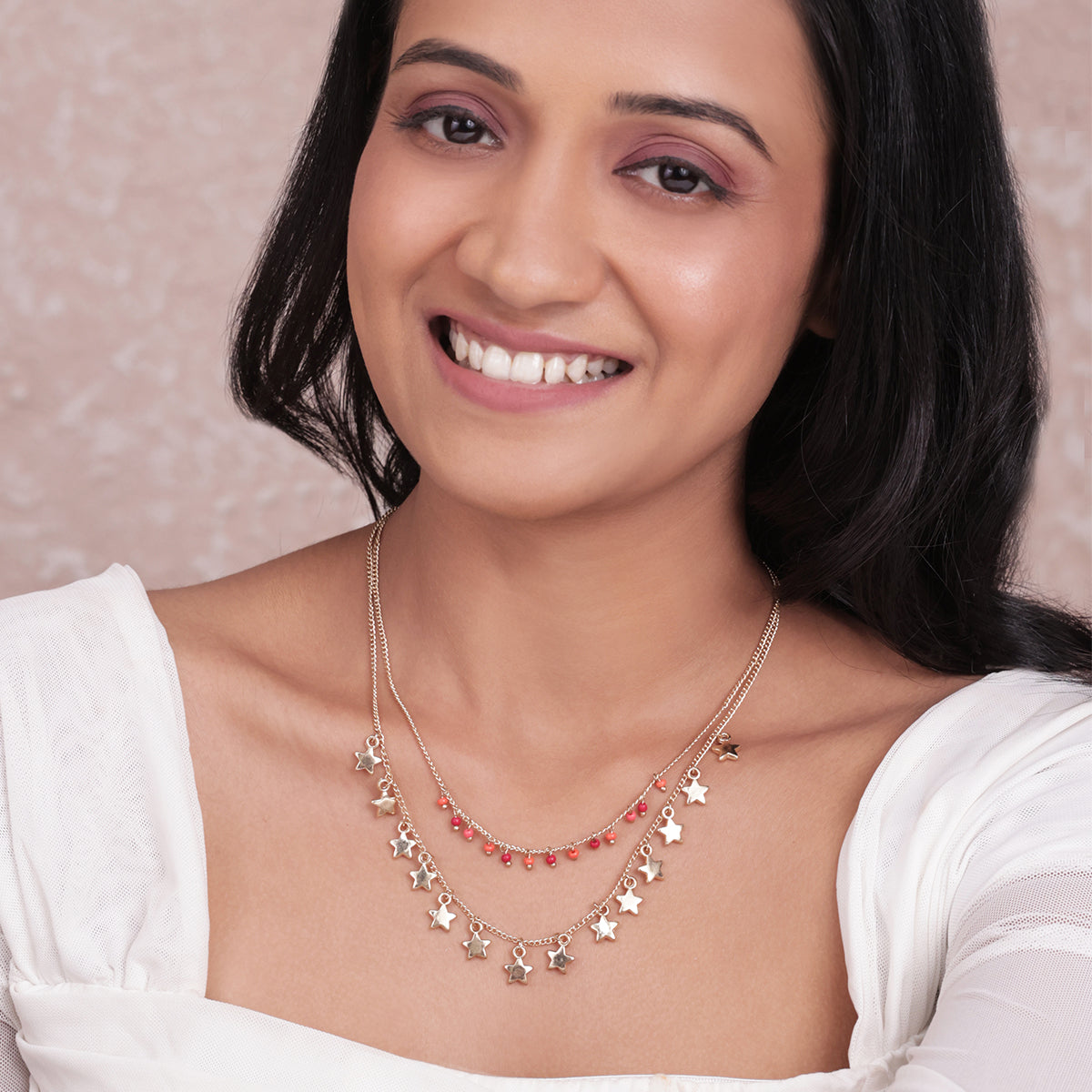 Golden Layered Necklace with Star Charms & Red Beaded Chain