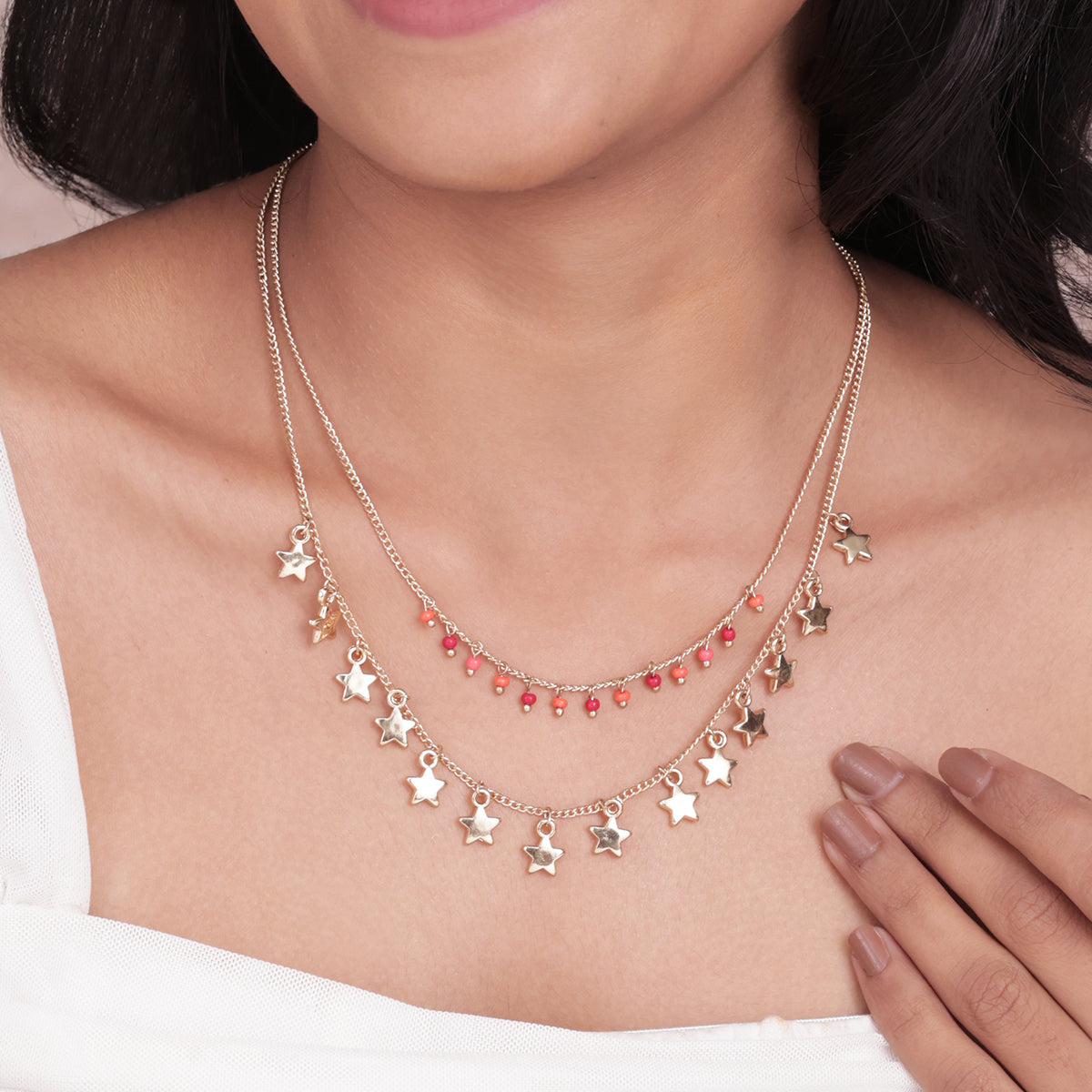 Golden Layered Necklace with Star Charms & Red Beaded Chain