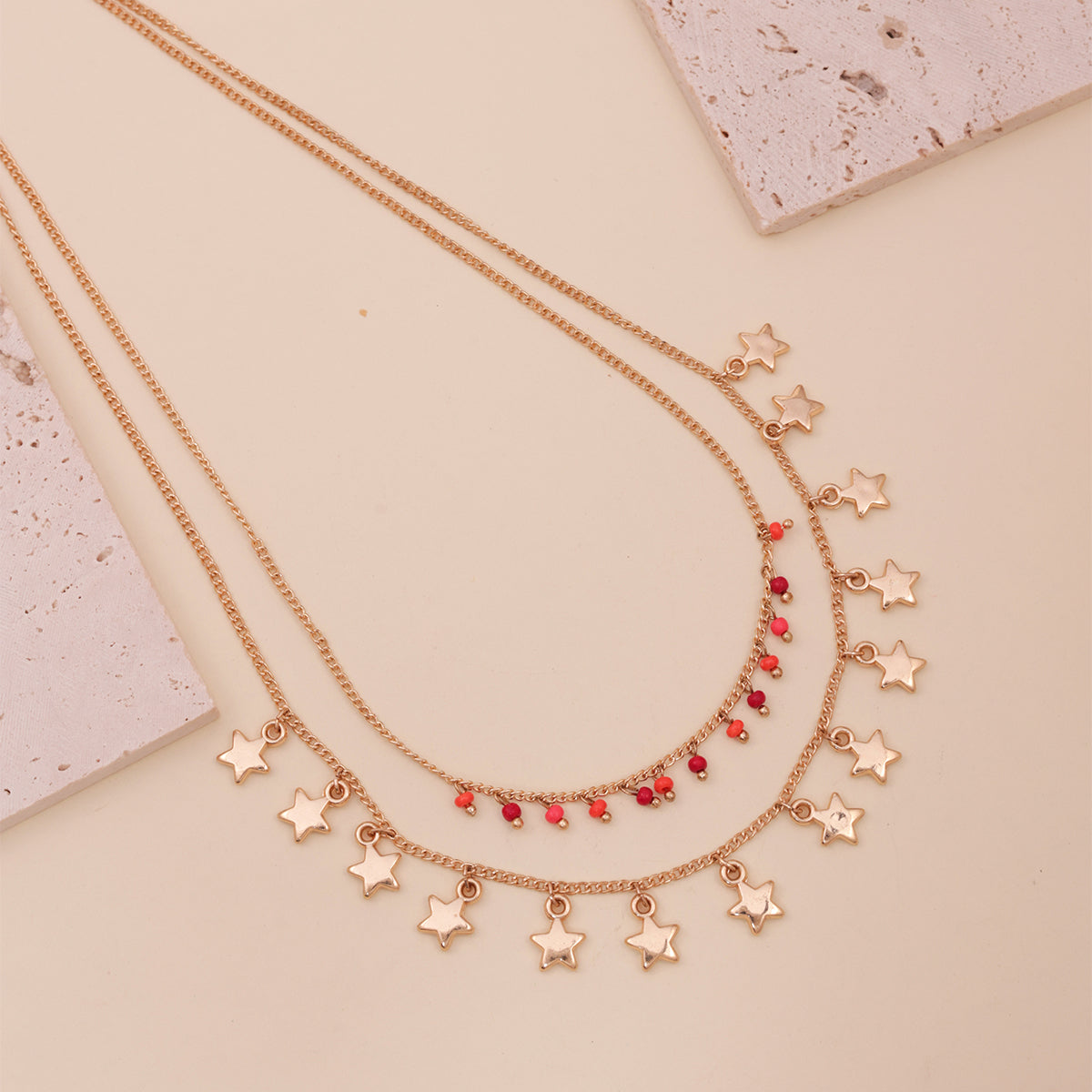 Golden Layered Necklace with Star Charms & Red Beaded Chain