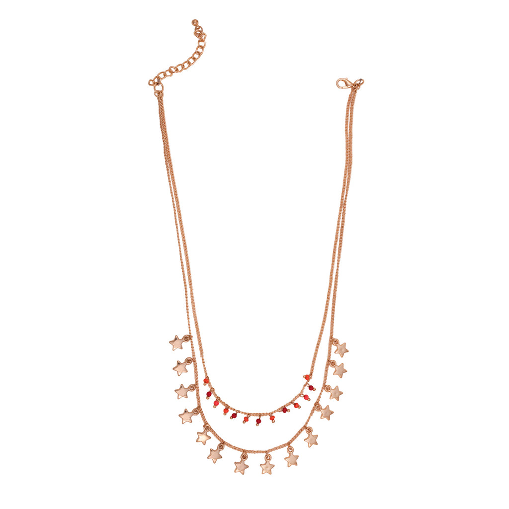 Golden Layered Necklace with Star Charms & Red Beaded Chain