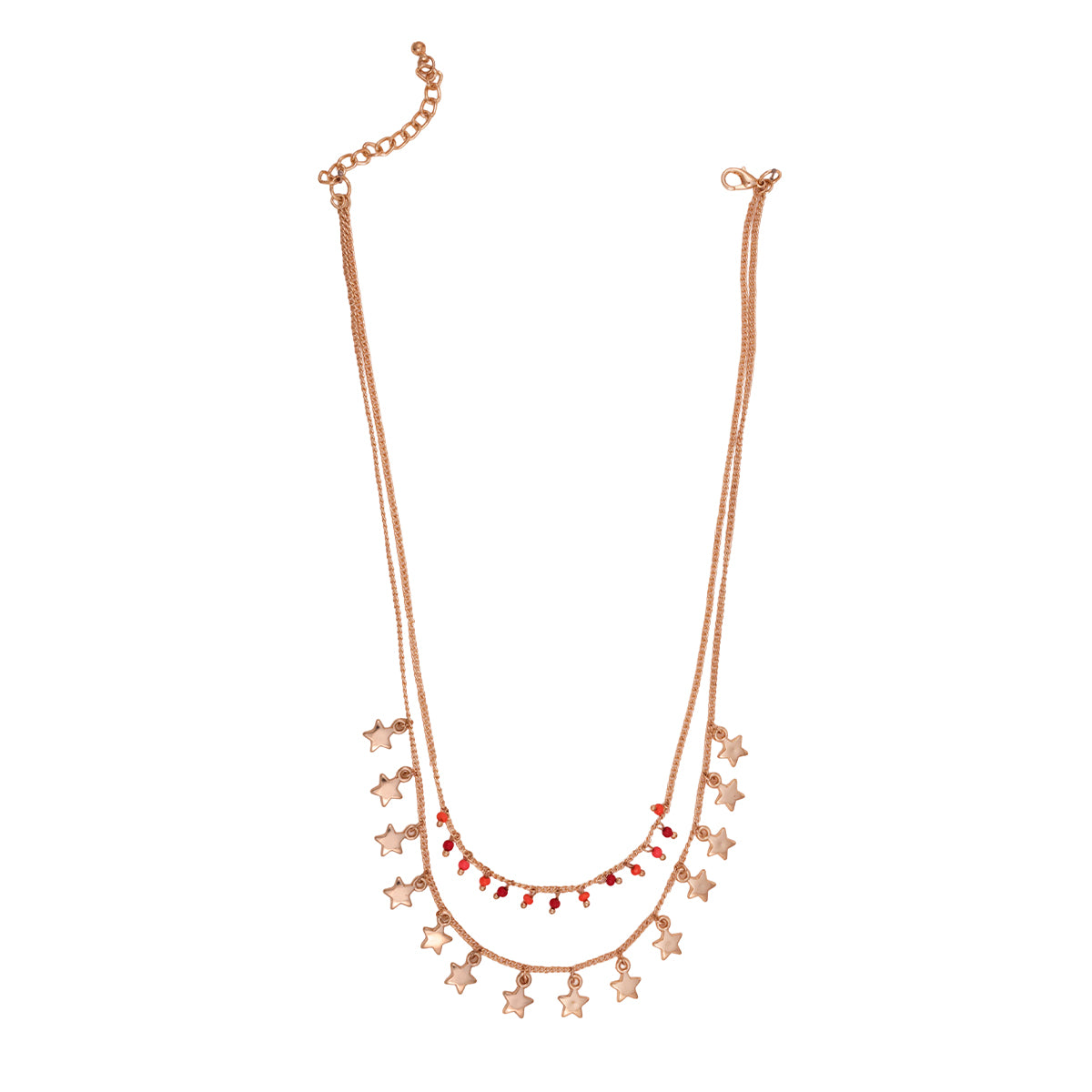 Golden Layered Necklace with Star Charms & Red Beaded Chain