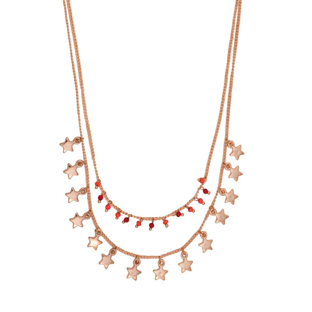 Golden Layered Necklace with Star Charms & Red Beaded Chain
