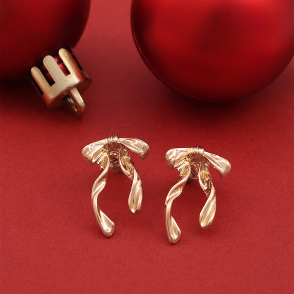Polished Golden Fluid Ribbon Bow Drop Earrings