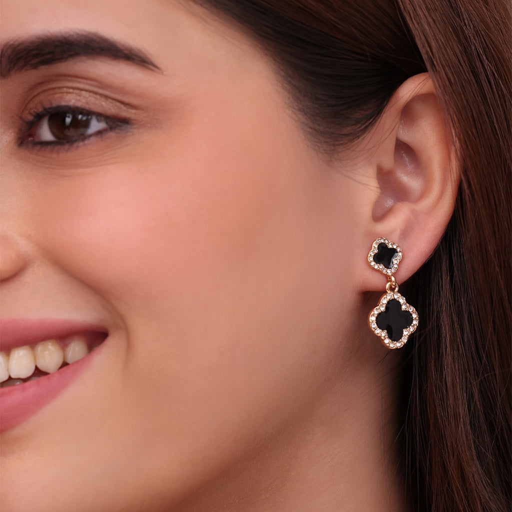 Chic Golden Black and White Clover Drop Earrings