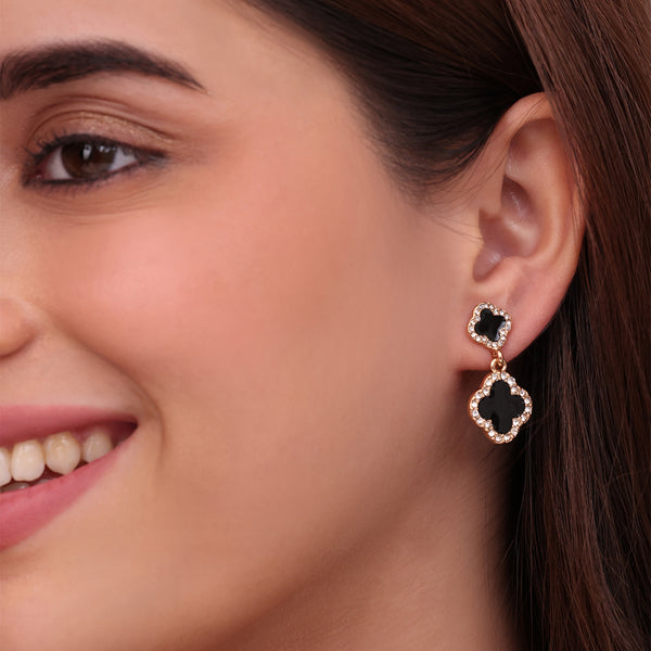 Chic Golden Black and White Clover Drop Earrings