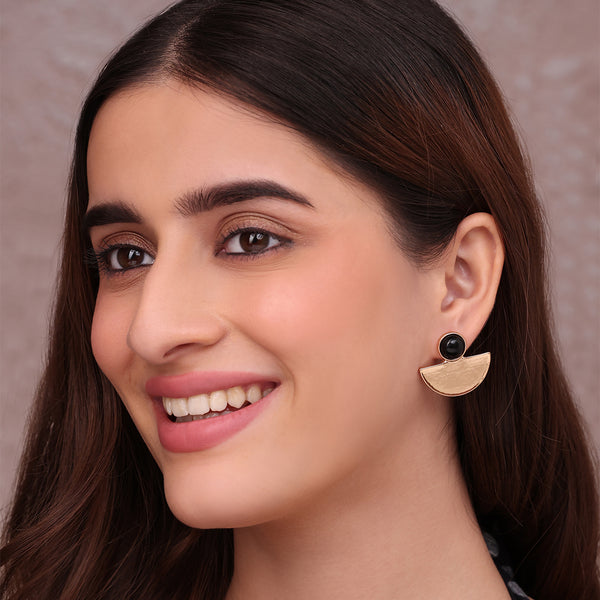 Modern Gold Half-Moon Stud Earrings with Black Cabochon