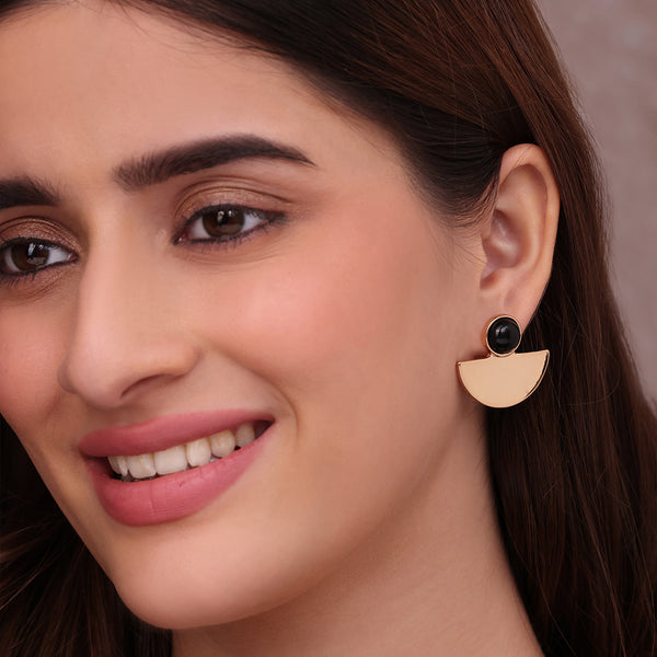 Modern Gold Half-Moon Stud Earrings with Black Cabochon