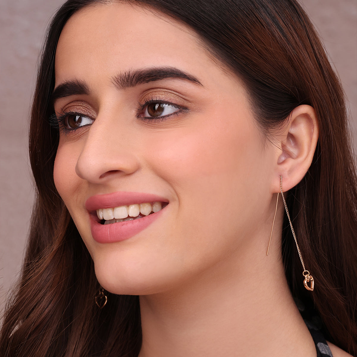 Golden Threader Drop Earrings with Open Heart Charm
