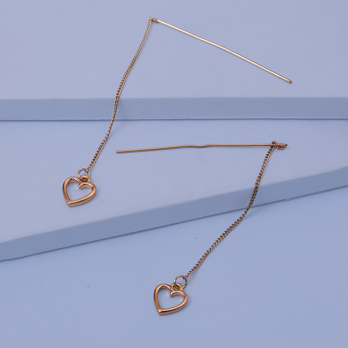 Golden Threader Drop Earrings with Open Heart Charm