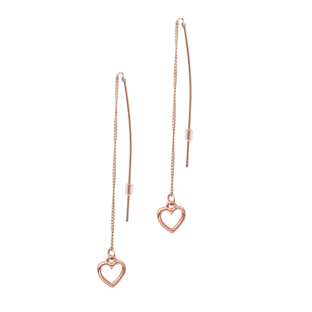 Golden Threader Drop Earrings with Open Heart Charm