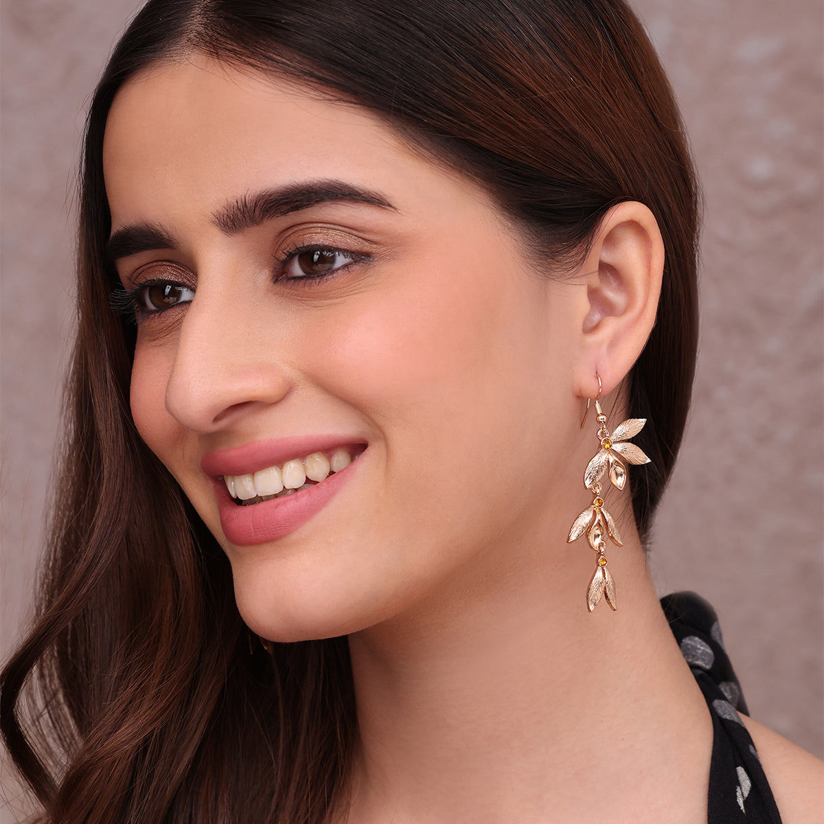 Elegant Gold-Toned Leaf Dangle Earrings with Crystal Accents