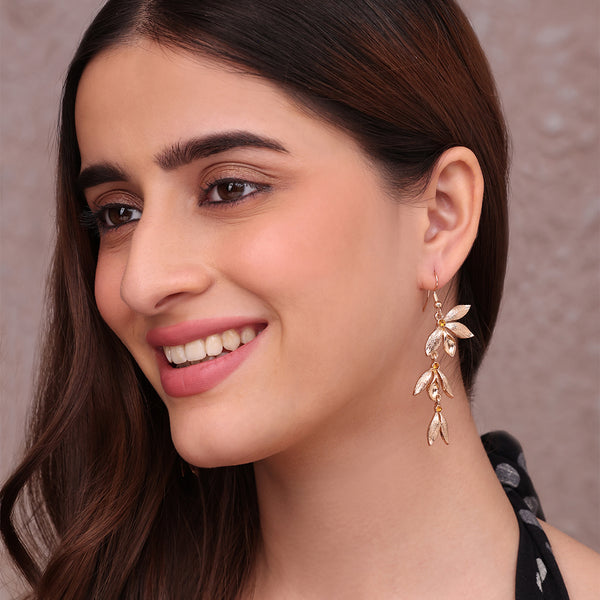 Elegant Gold-Toned Leaf Dangle Earrings with Crystal Accents