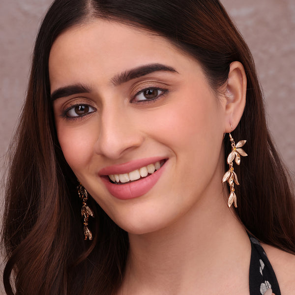 Elegant Gold-Toned Leaf Dangle Earrings with Crystal Accents