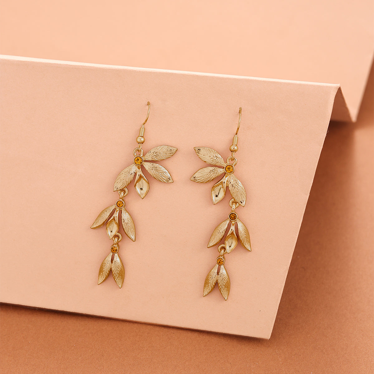 Elegant Gold-Toned Leaf Dangle Earrings with Crystal Accents