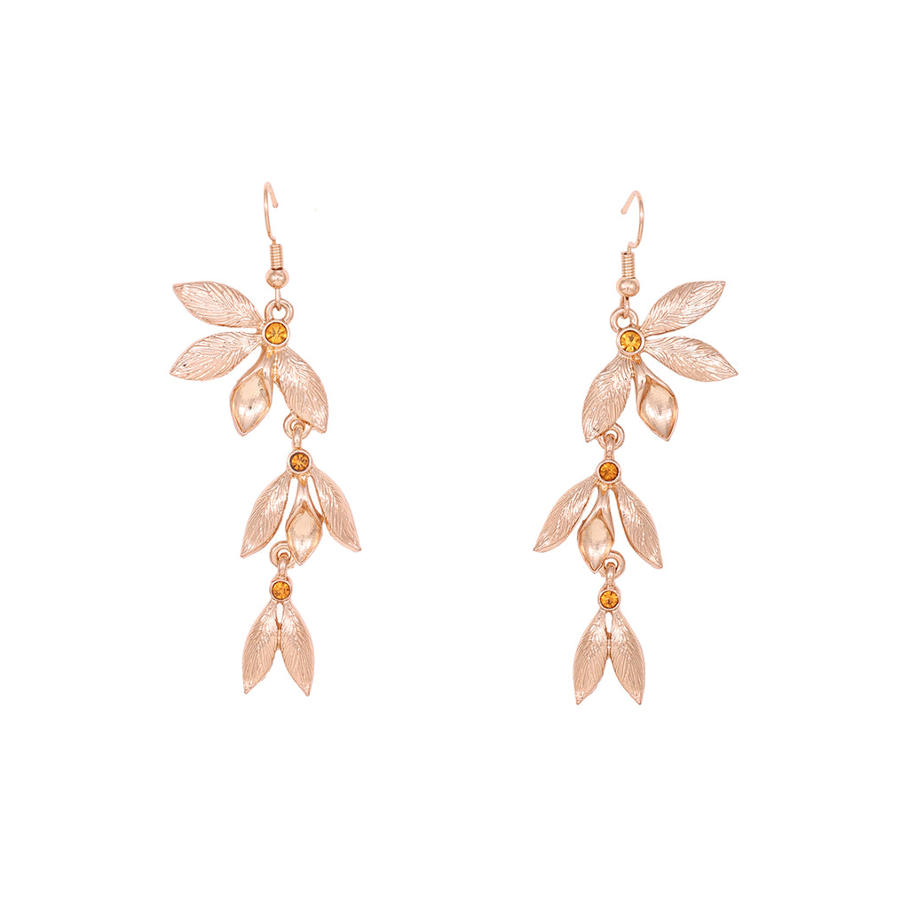 Elegant Gold-Toned Leaf Dangle Earrings with Crystal Accents
