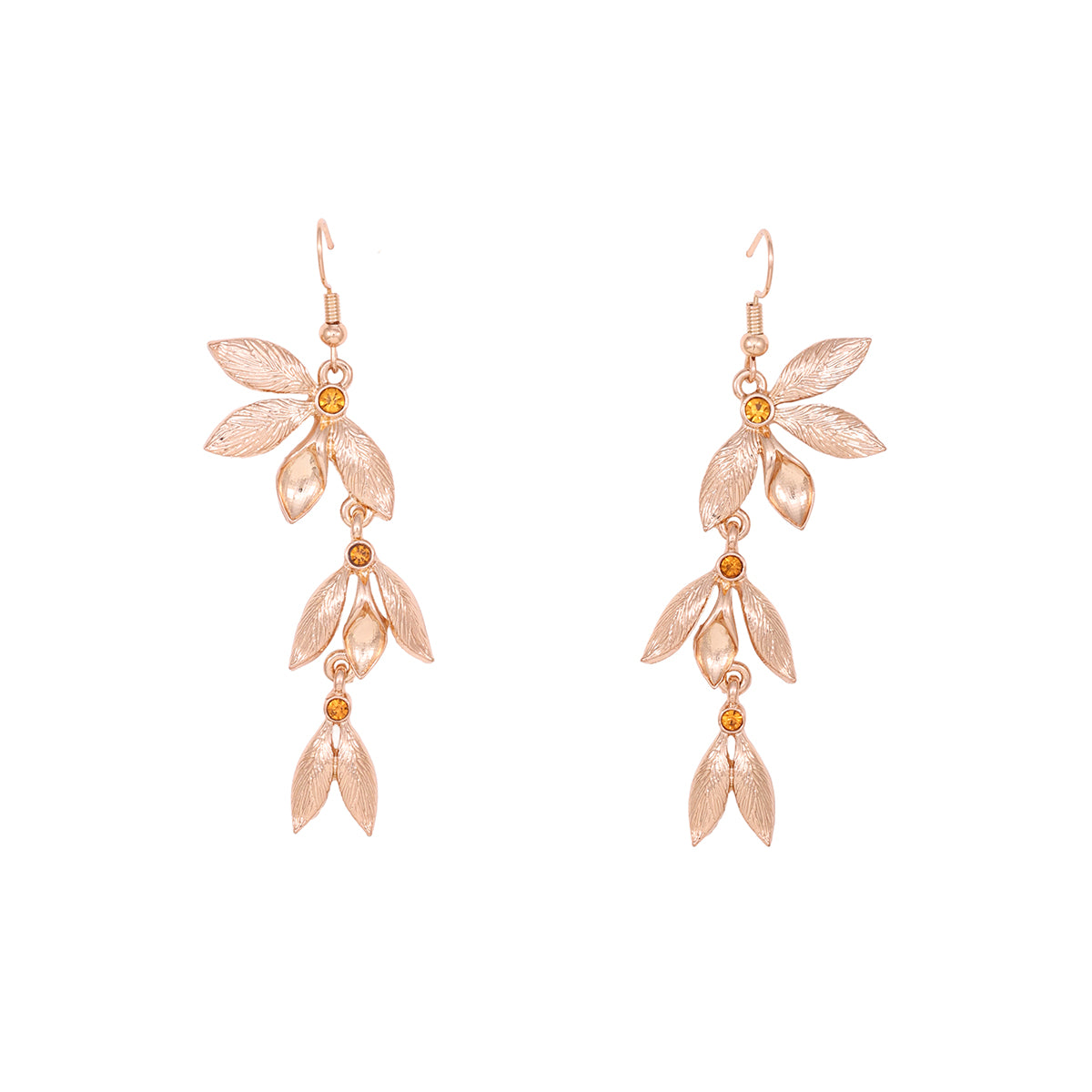 Elegant Gold-Toned Leaf Dangle Earrings with Crystal Accents