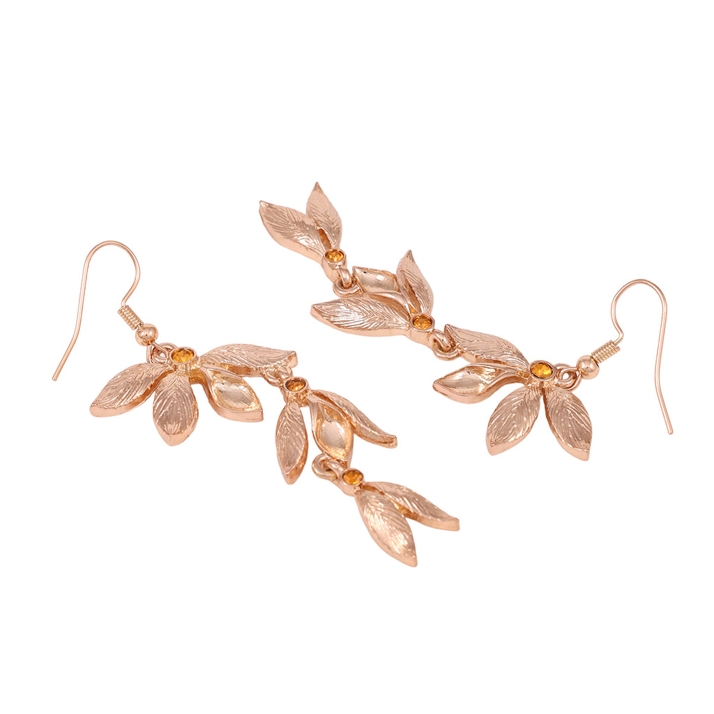 Elegant Gold-Toned Leaf Dangle Earrings with Crystal Accents