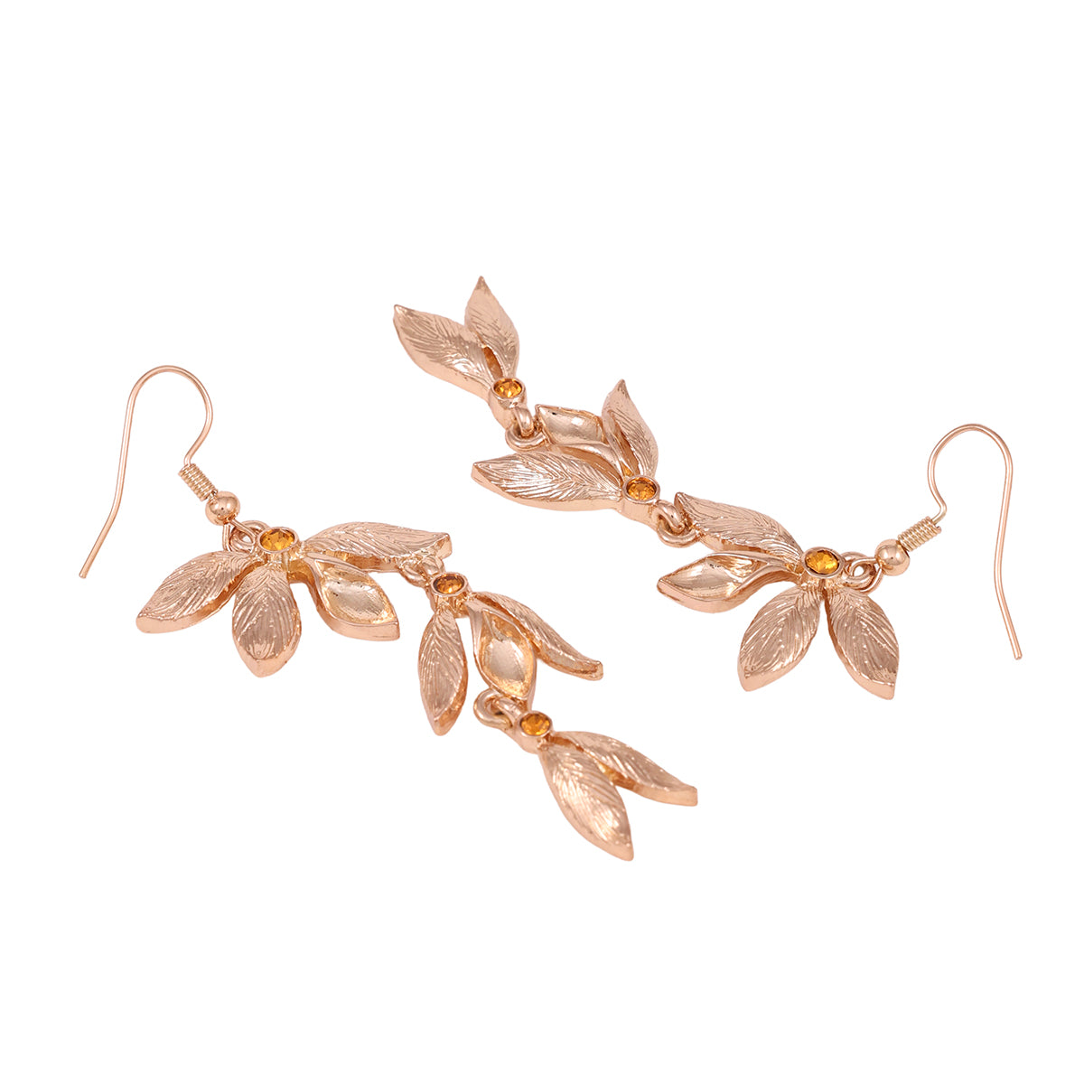 Elegant Gold-Toned Leaf Dangle Earrings with Crystal Accents