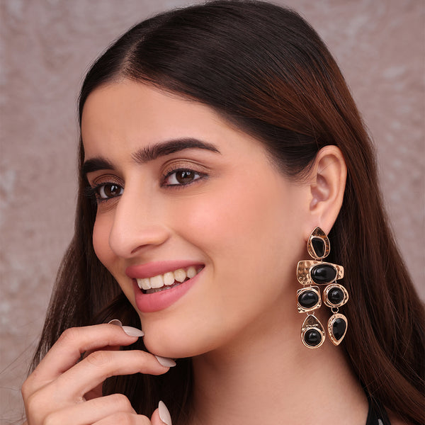 Chunky Golden Geometric Drop Earrings with Black Cabochons