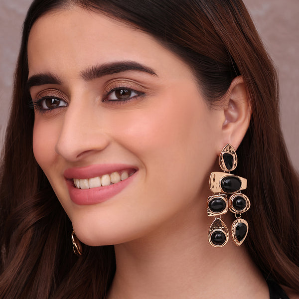 Chunky Golden Geometric Drop Earrings with Black Cabochons
