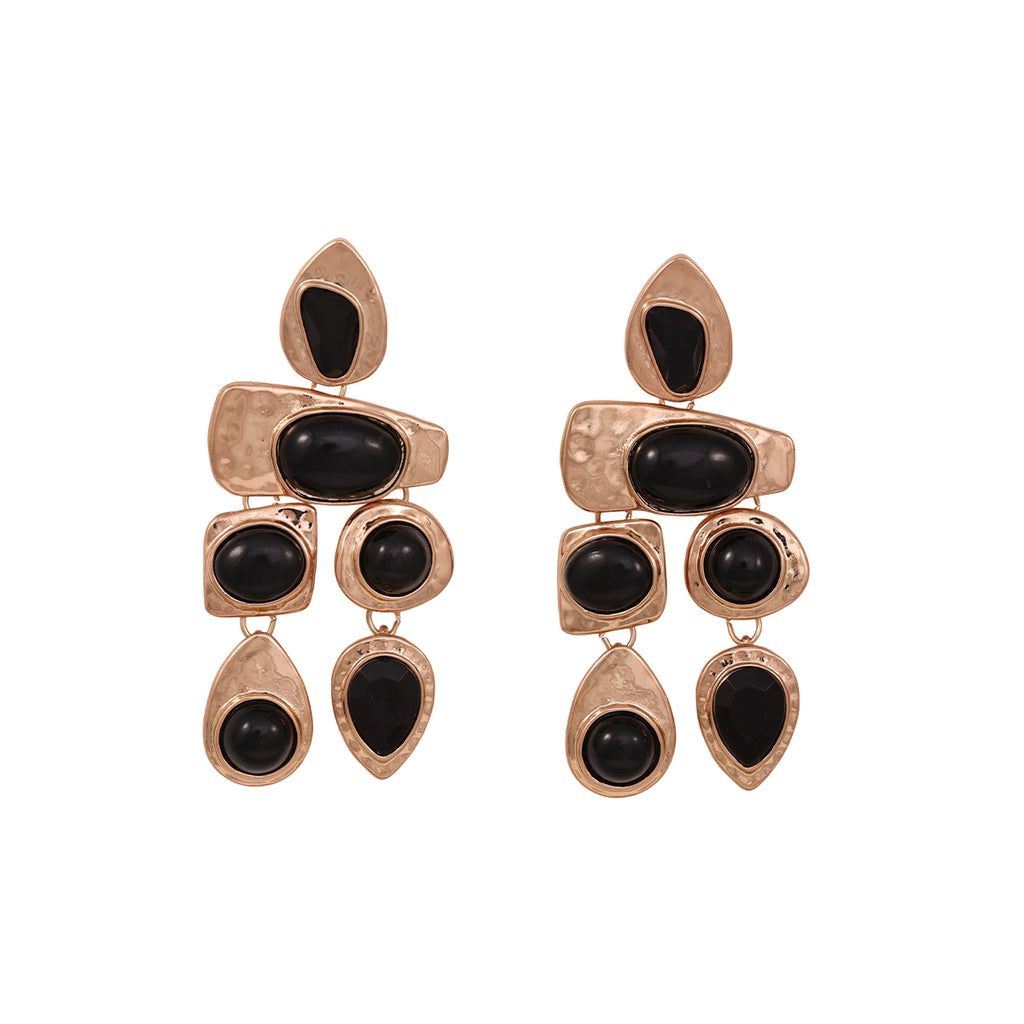 Chunky Golden Geometric Drop Earrings with Black Cabochons