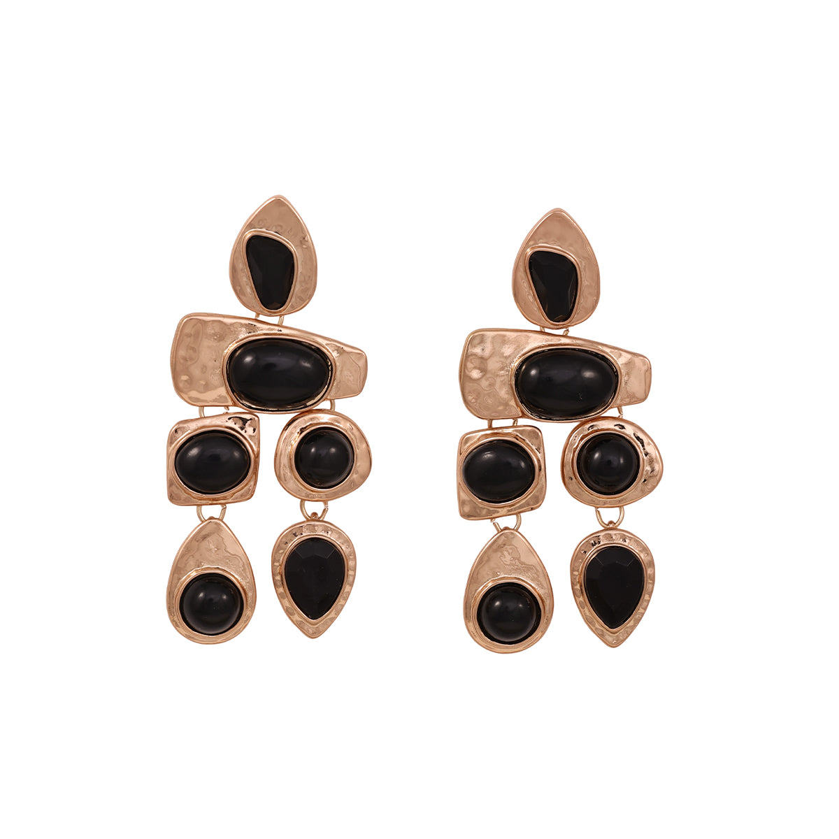Chunky Golden Geometric Drop Earrings with Black Cabochons