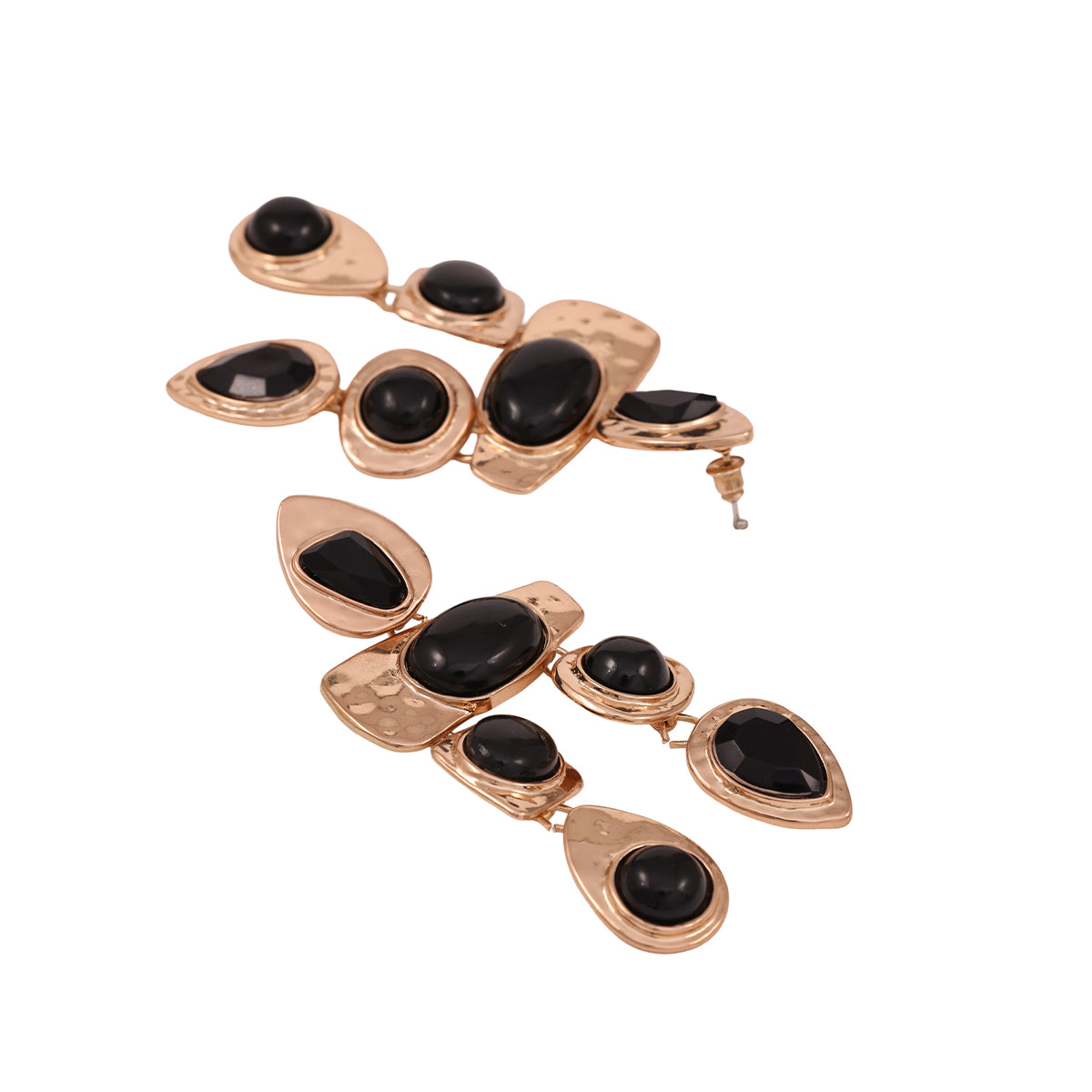 Chunky Golden Geometric Drop Earrings with Black Cabochons