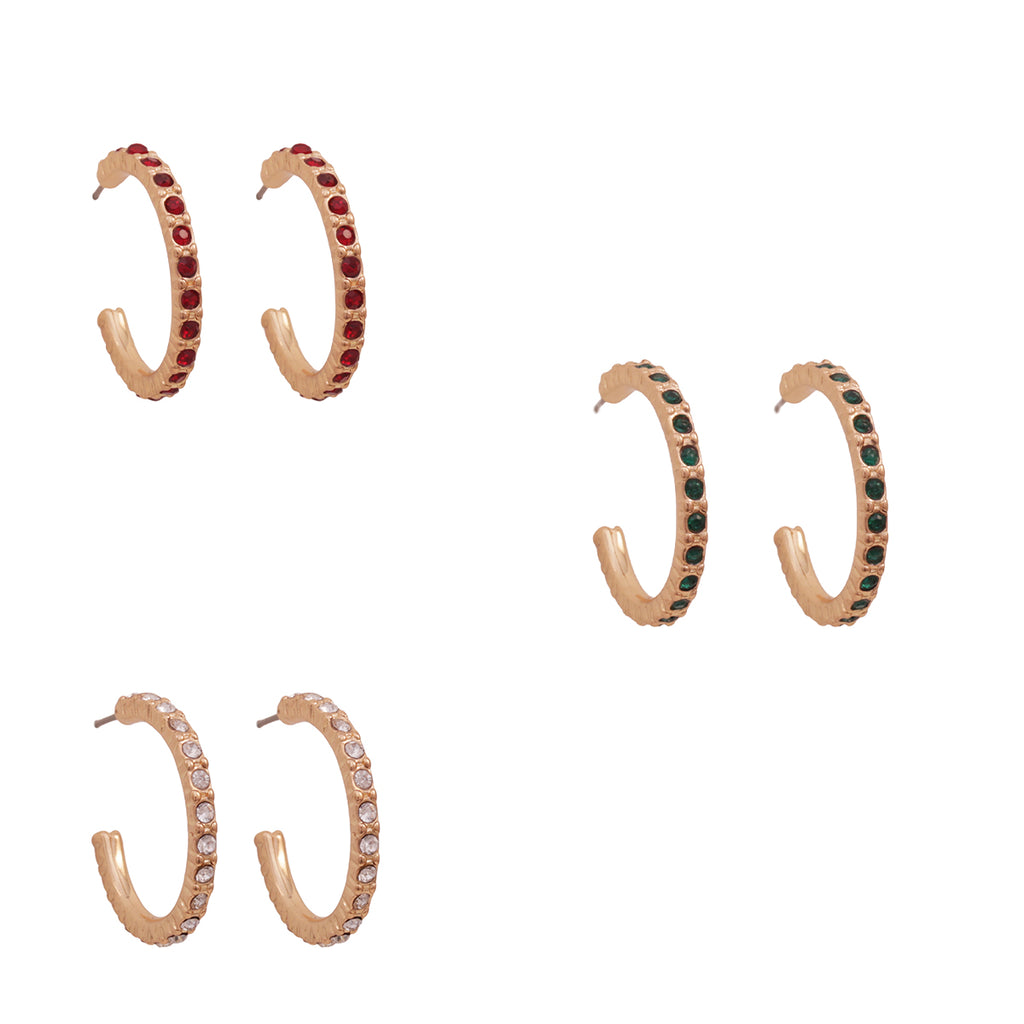 GlamStack Triple-Tone Crystal Hoop Earring Set