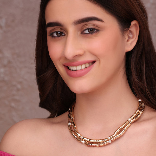Chunky Dual-Strand Gold Tube Bead Necklace with Pearl Accents