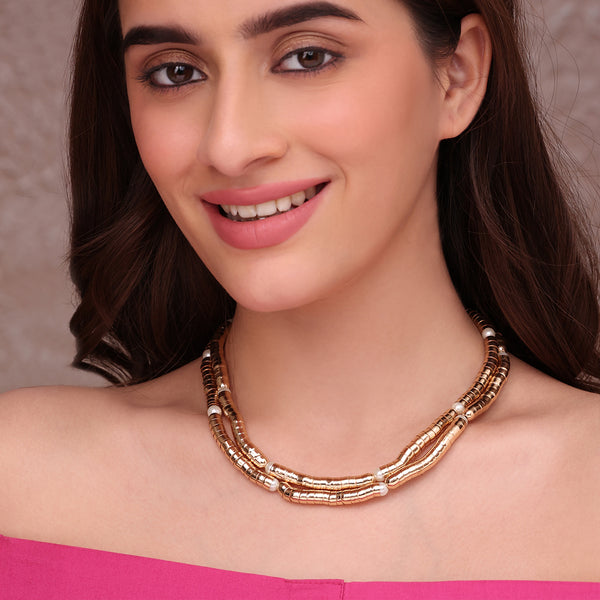 Chunky Dual-Strand Gold Tube Bead Necklace with Pearl Accents
