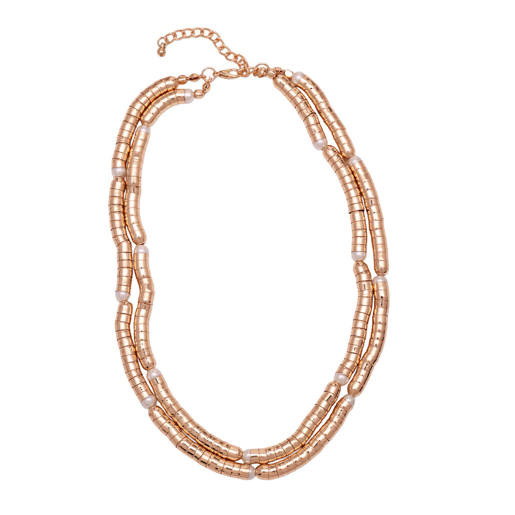 Chunky Dual-Strand Gold Tube Bead Necklace with Pearl Accents
