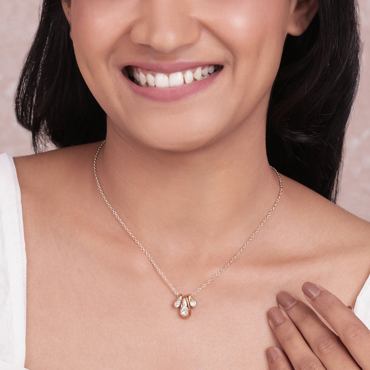 Golden American Diamond Tear-Drop Cluster Pendant Necklace