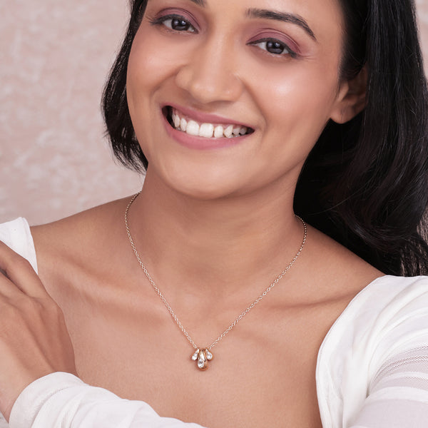 Golden American Diamond Tear-Drop Cluster Pendant Necklace