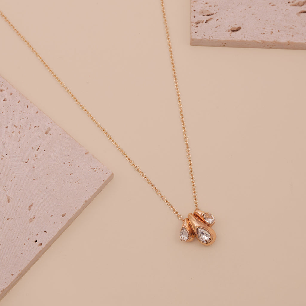 Golden American Diamond Tear-Drop Cluster Pendant Necklace