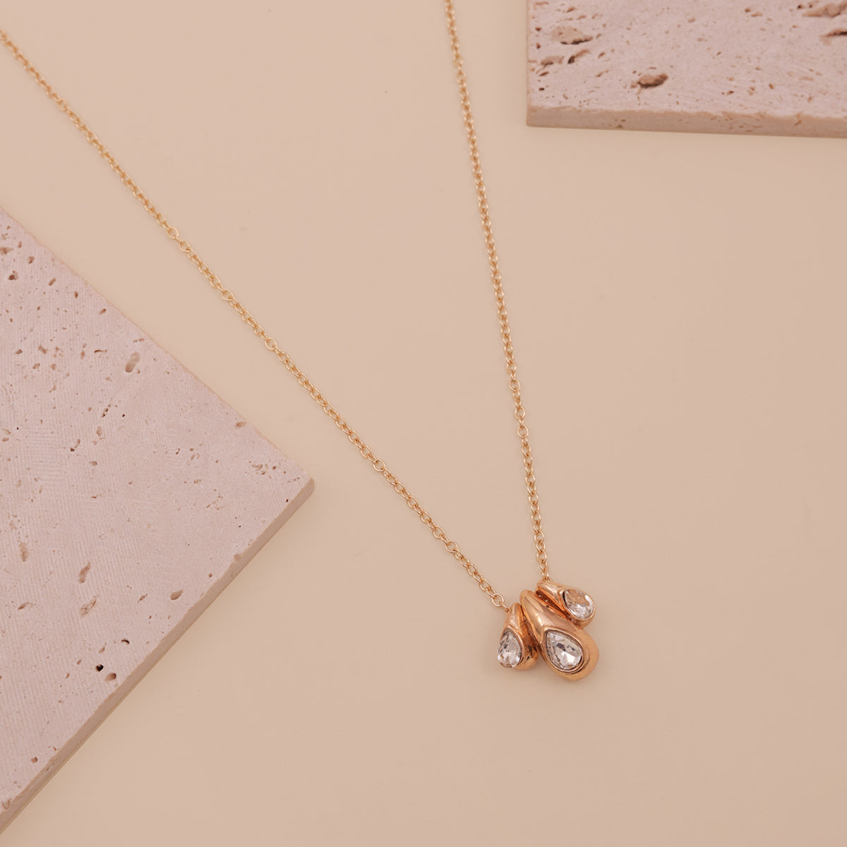 Golden American Diamond Tear-Drop Cluster Pendant Necklace