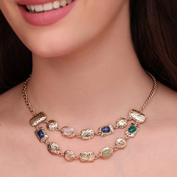 Double-Layered Golden Statement Necklace with Multicolour Stones