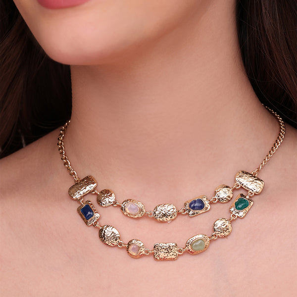 Double-Layered Golden Statement Necklace with Multicolour Stones