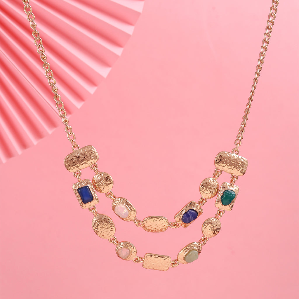 Double-Layered Golden Statement Necklace with Multicolour Stones