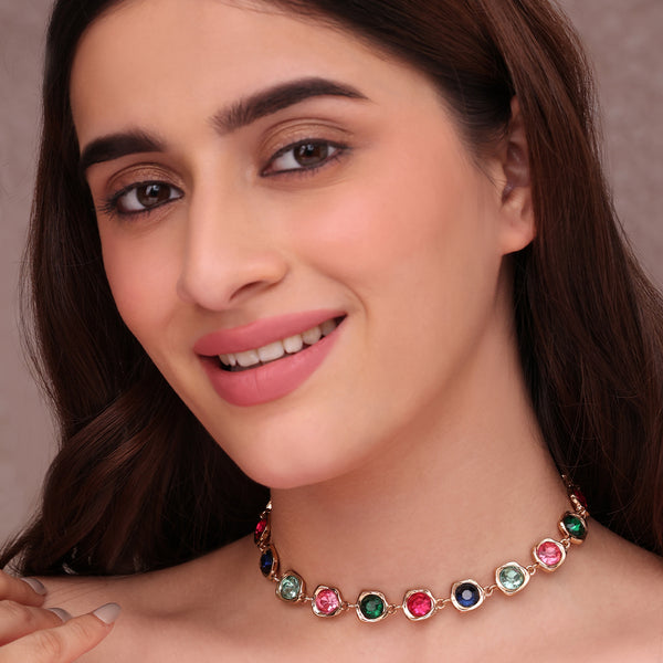 Golden Multi-Color Round Gemstone Choker Necklace