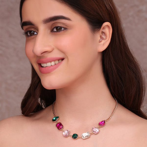 Rose Gold-Tone Multi-Cut Gemstone Link Necklace
