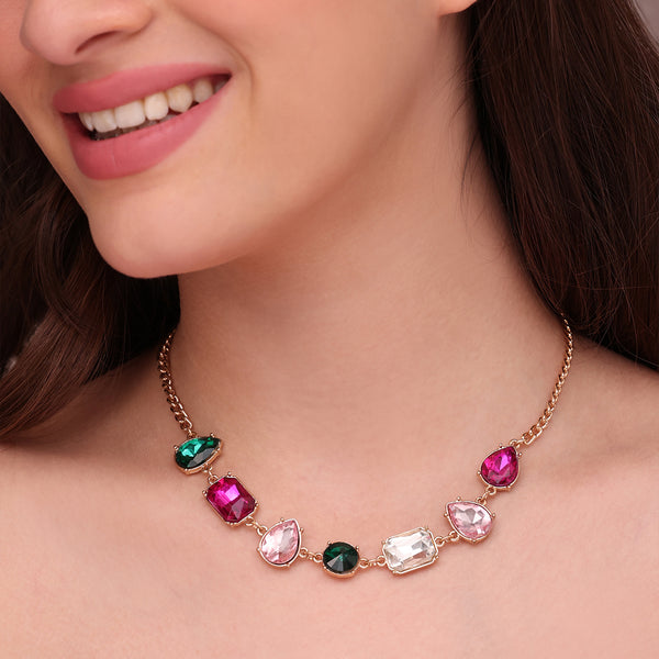 Rose Gold-Tone Multi-Cut Gemstone Link Necklace