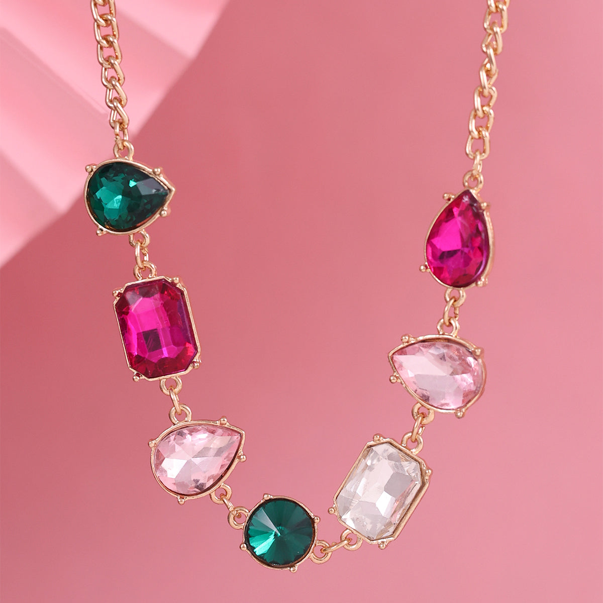 Rose Gold-Tone Multi-Cut Gemstone Link Necklace