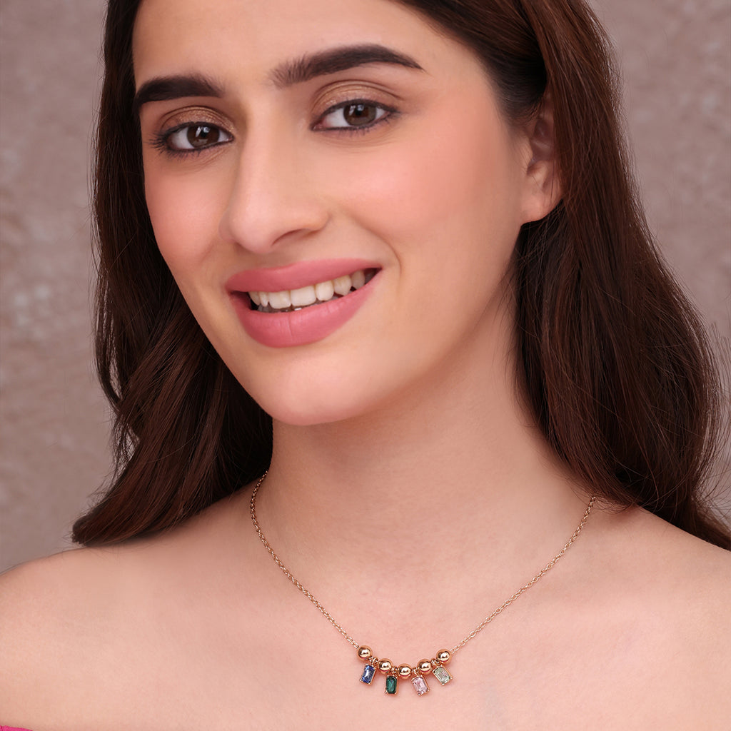 Delicate Golden Charm Necklace with Multicolour Stones