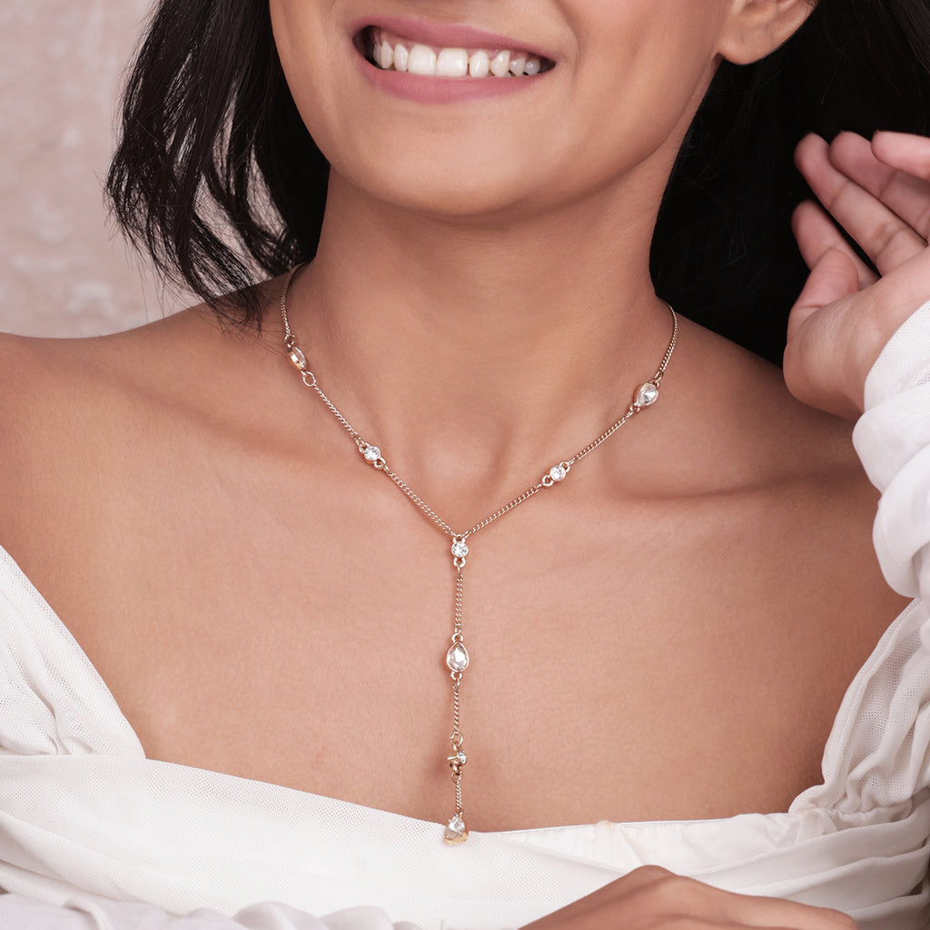 Golden Y-Necklace with Multicolour Teardrop Stone Accents