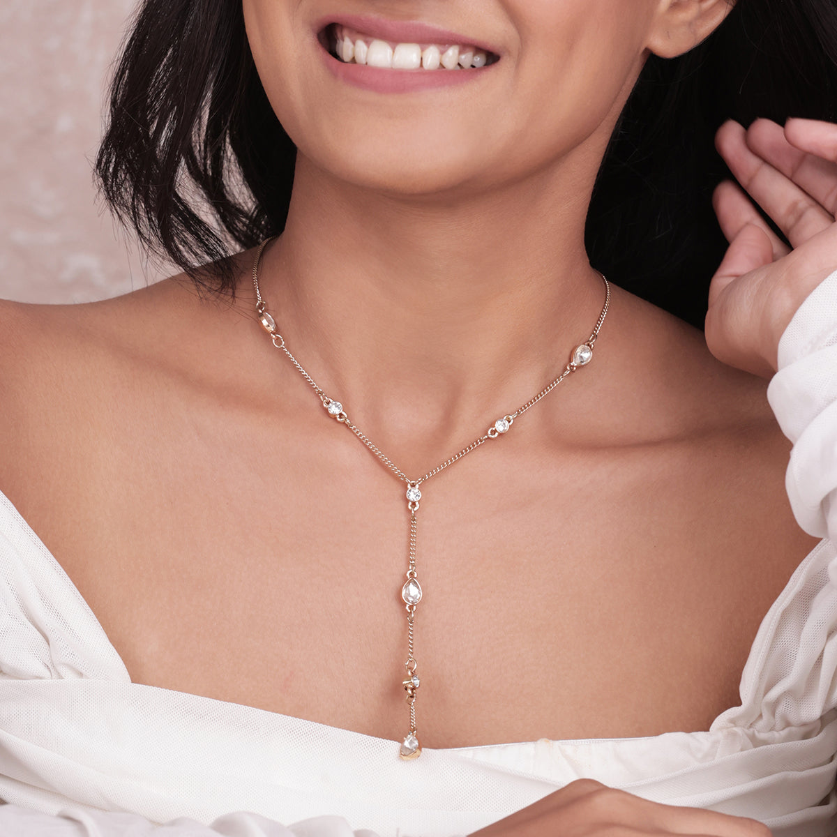 Golden Y-Necklace with Multicolour Teardrop Stone Accents