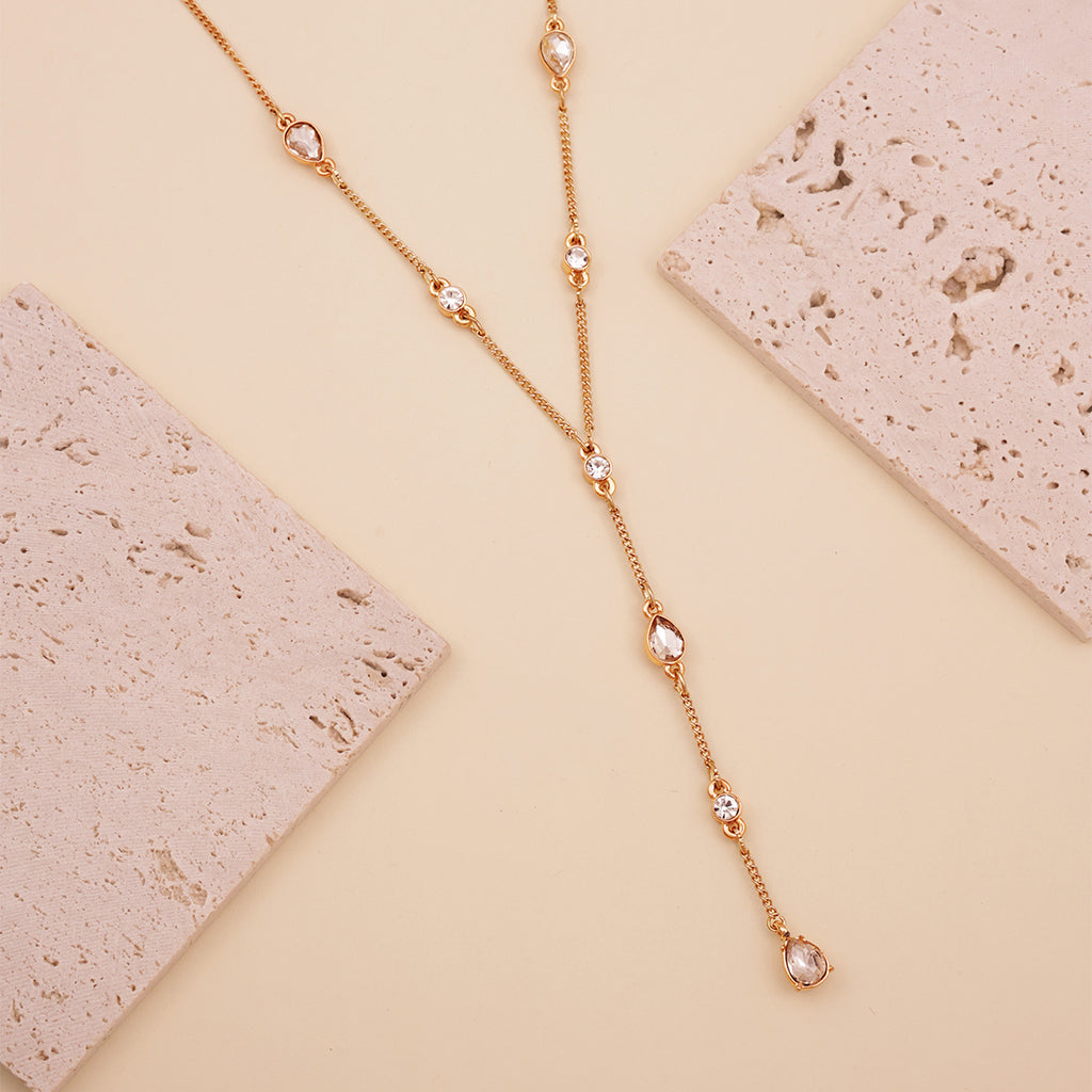 Golden Y-Necklace with Multicolour Teardrop Stone Accents